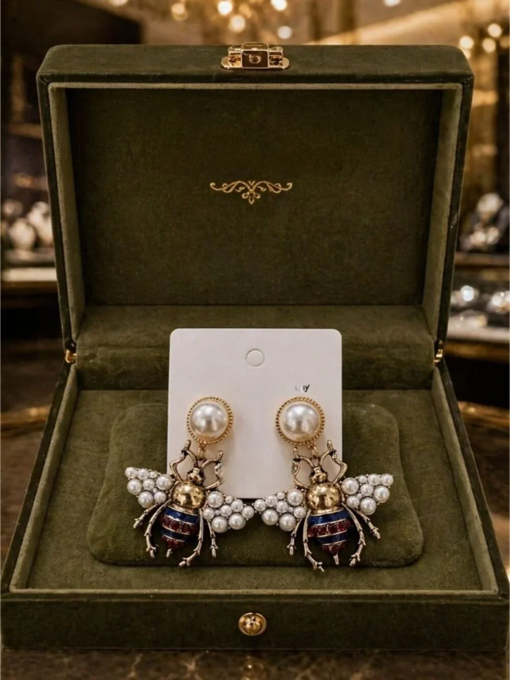 Pearl Bee Drop Earrings - Gold and Blue
